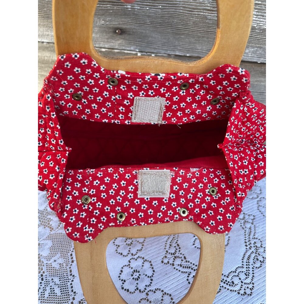 Vintage 1970s Bermuda purse Bag Red Quilted Wood Handle Boho Hippy - Picture 4 of 11